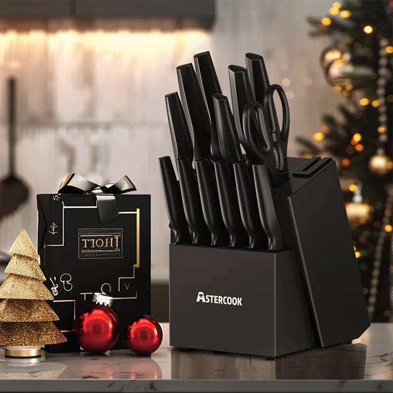 Astercook 15-Piece Kitchen Knife Set With Built-In Sharpener Block