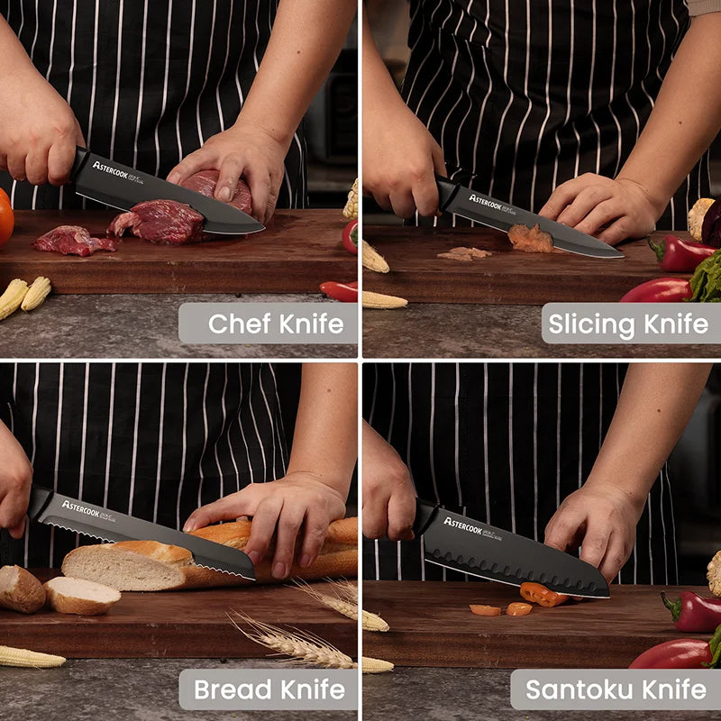 Astercook 15-Piece Kitchen Knife Set With Built-In Sharpener Block