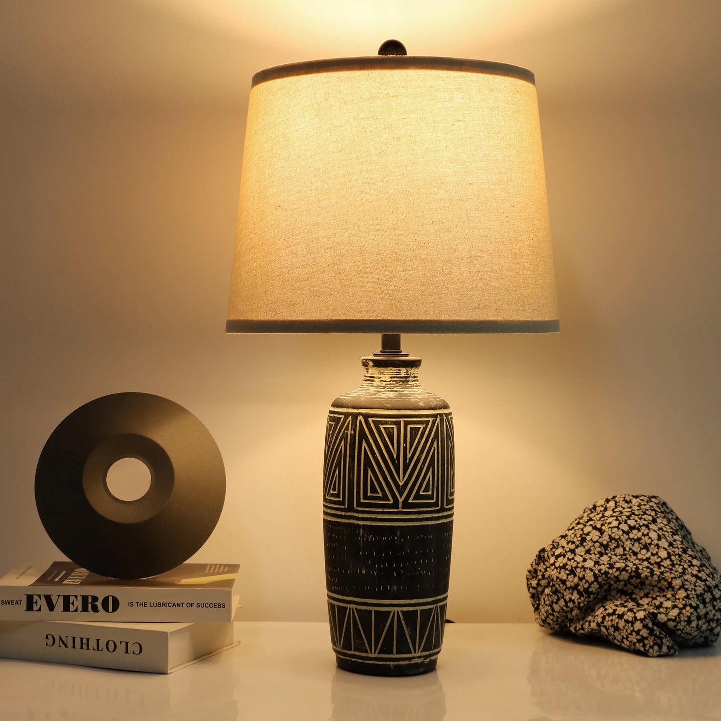 STANBOW Carved Geometric Ceramic Table Lamp With Linen Shade Southwest Rustic Accent For Living Room End Tables
