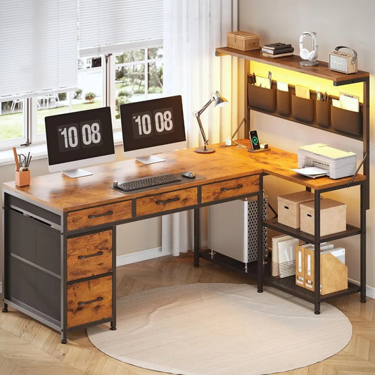 L Shaped Desk With FiveFabricDrawers And Hutch FreestandingPowderCoatedMetalFrame Storage