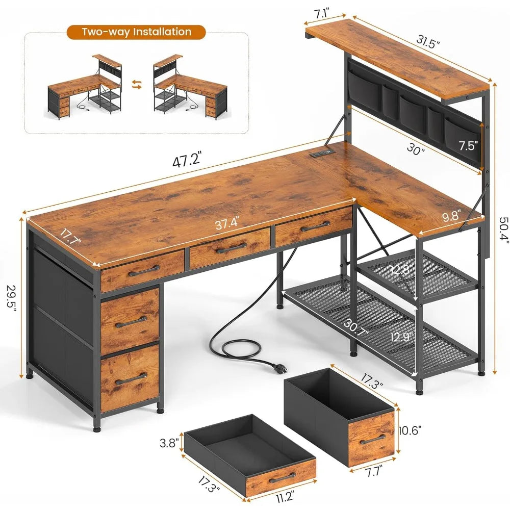 L Shaped Desk With FiveFabricDrawers And Hutch FreestandingPowderCoatedMetalFrame Storage