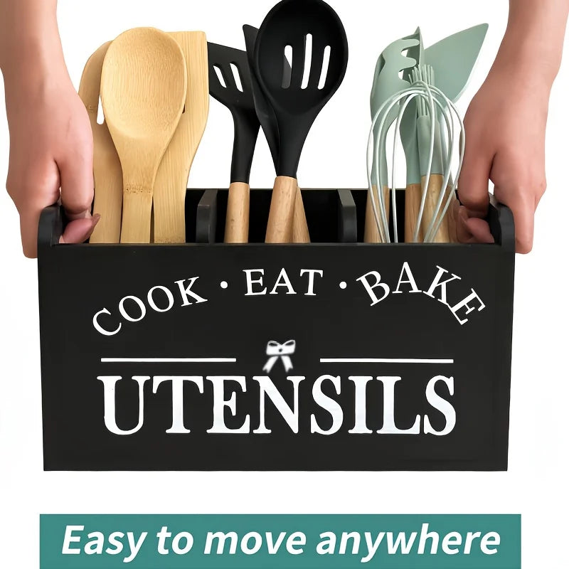 Wooden Cutlery Box With 5 Compartments For Kitchen Counter Storage