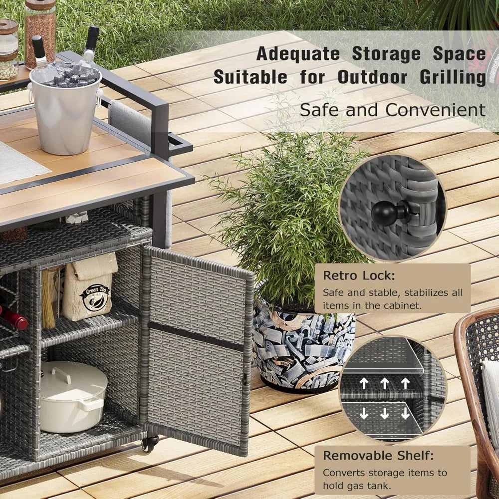 DAFIFY Wicker Outdoor Grill Cart With Extended Plastic Wood Tabletop And Rolling Kitchen Island