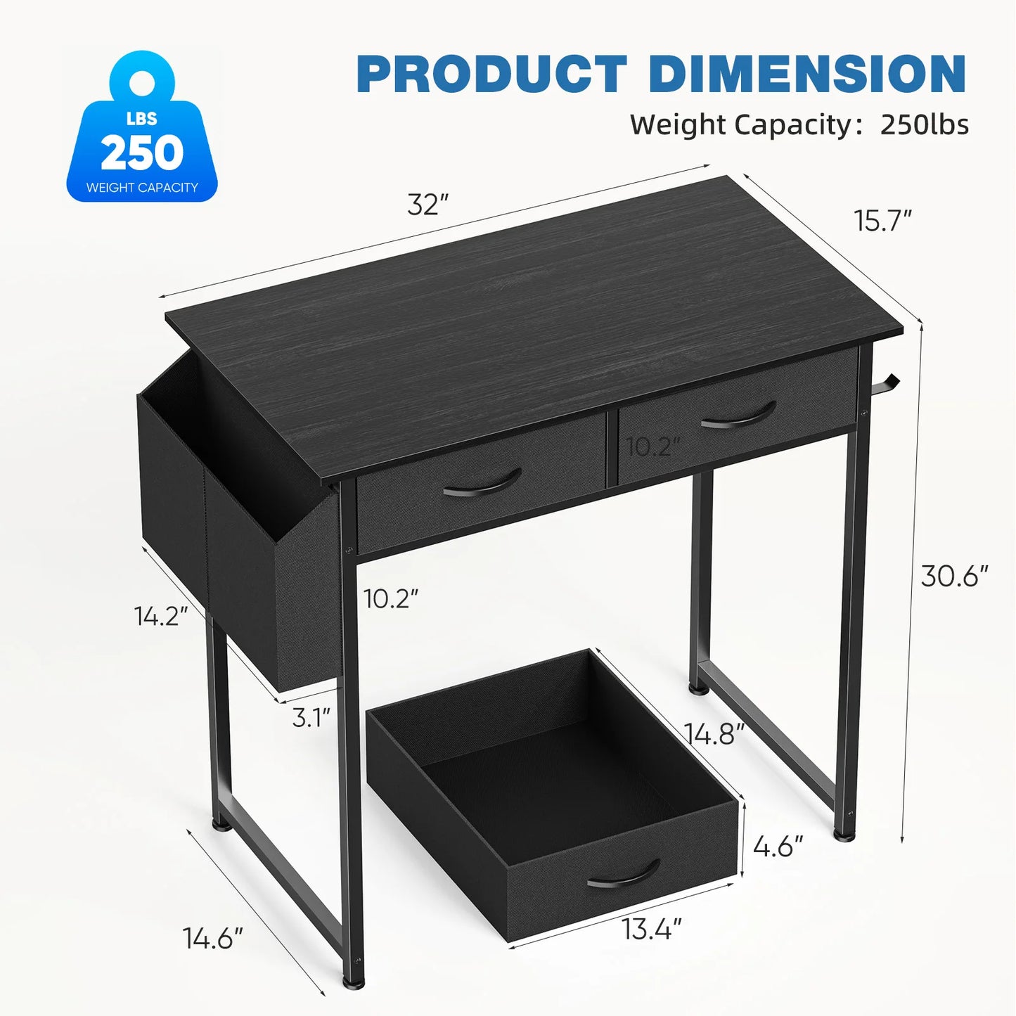 JHK Office Desk With Fabric Storage Drawers And Metal Frame