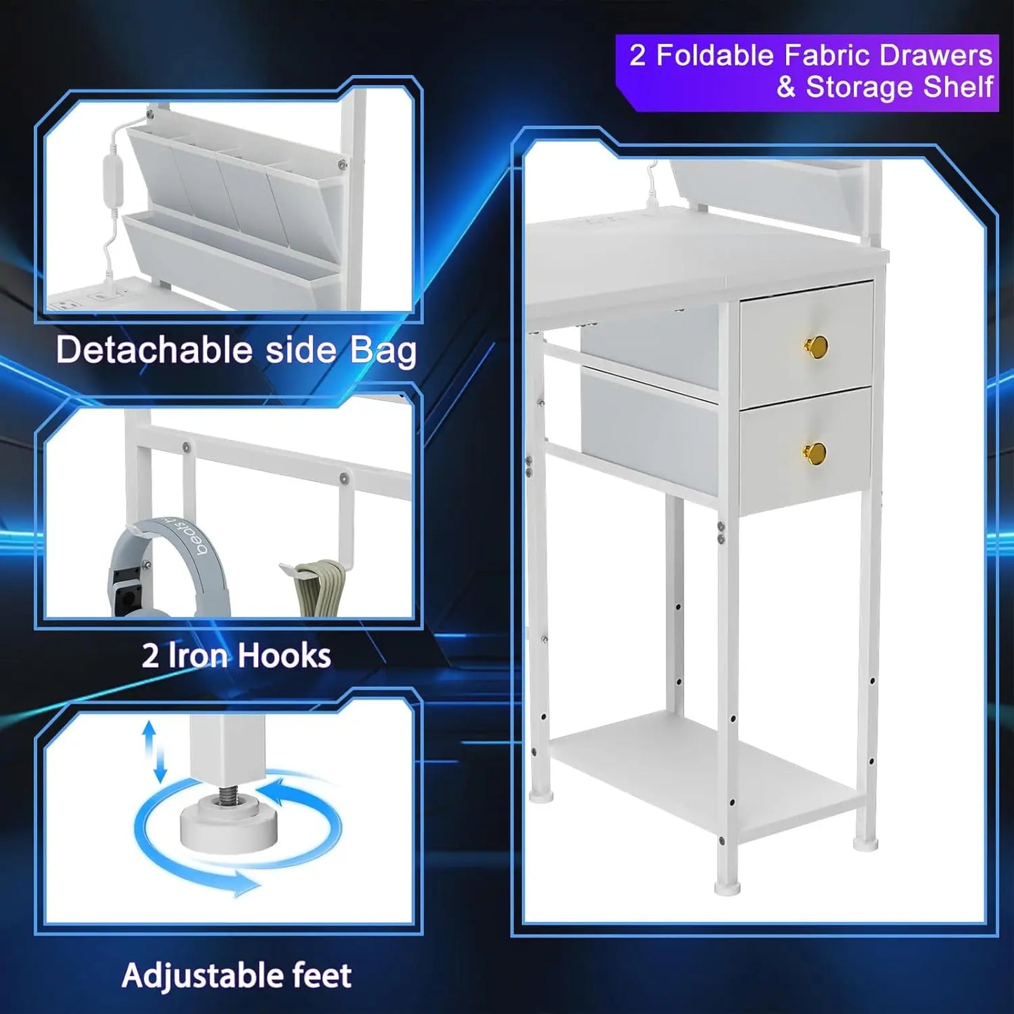 Compact Desk With LED Lighting Power Outlets And Storage