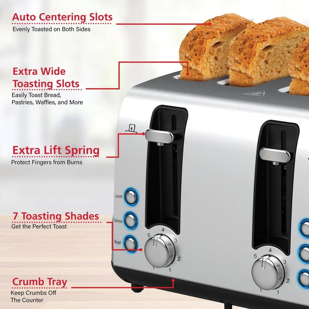 4 Slice Stainless Steel Toaster Bagel Defrost 7 Shade
