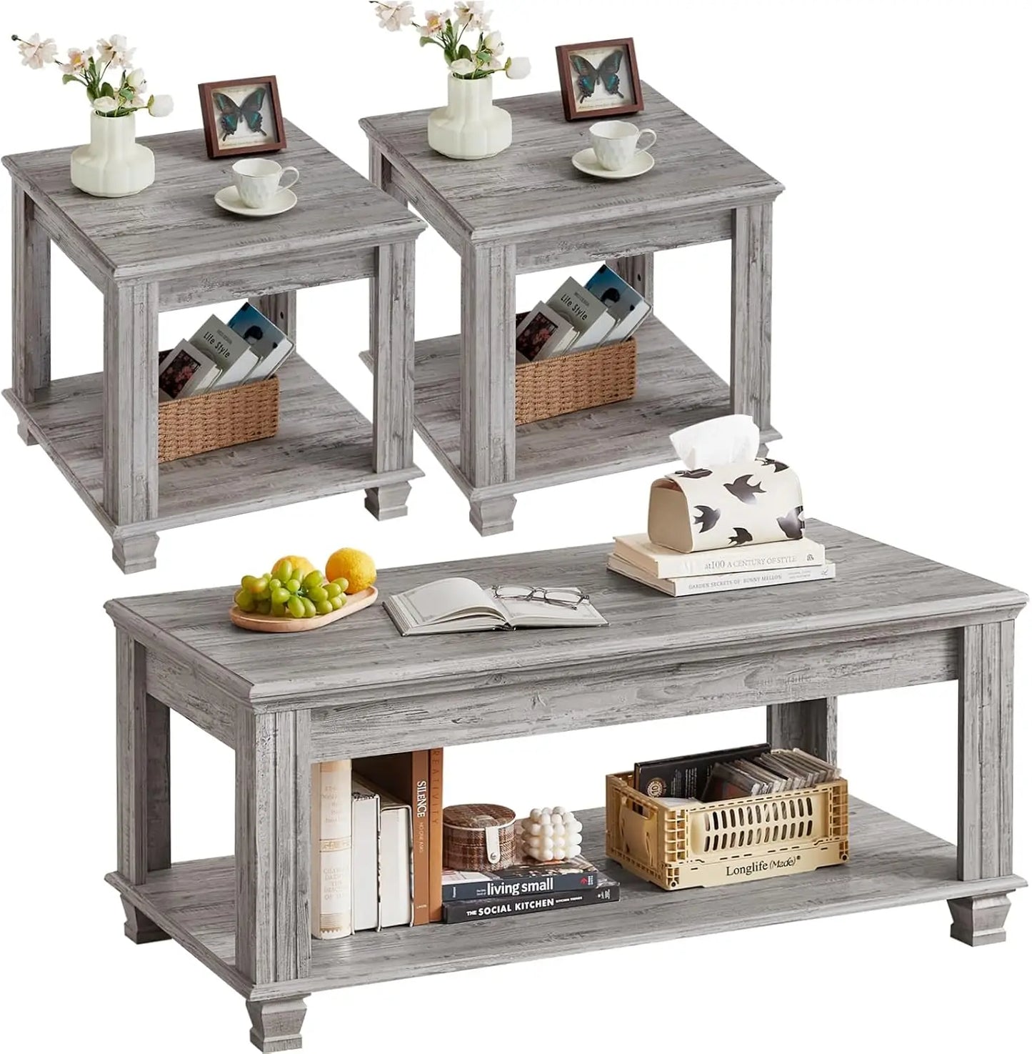 Farmhouse Coffee Table Set With Open Shelf And End Tables