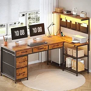 L Shaped Desk With FiveFabricDrawers And Hutch FreestandingPowderCoatedMetalFrame Storage