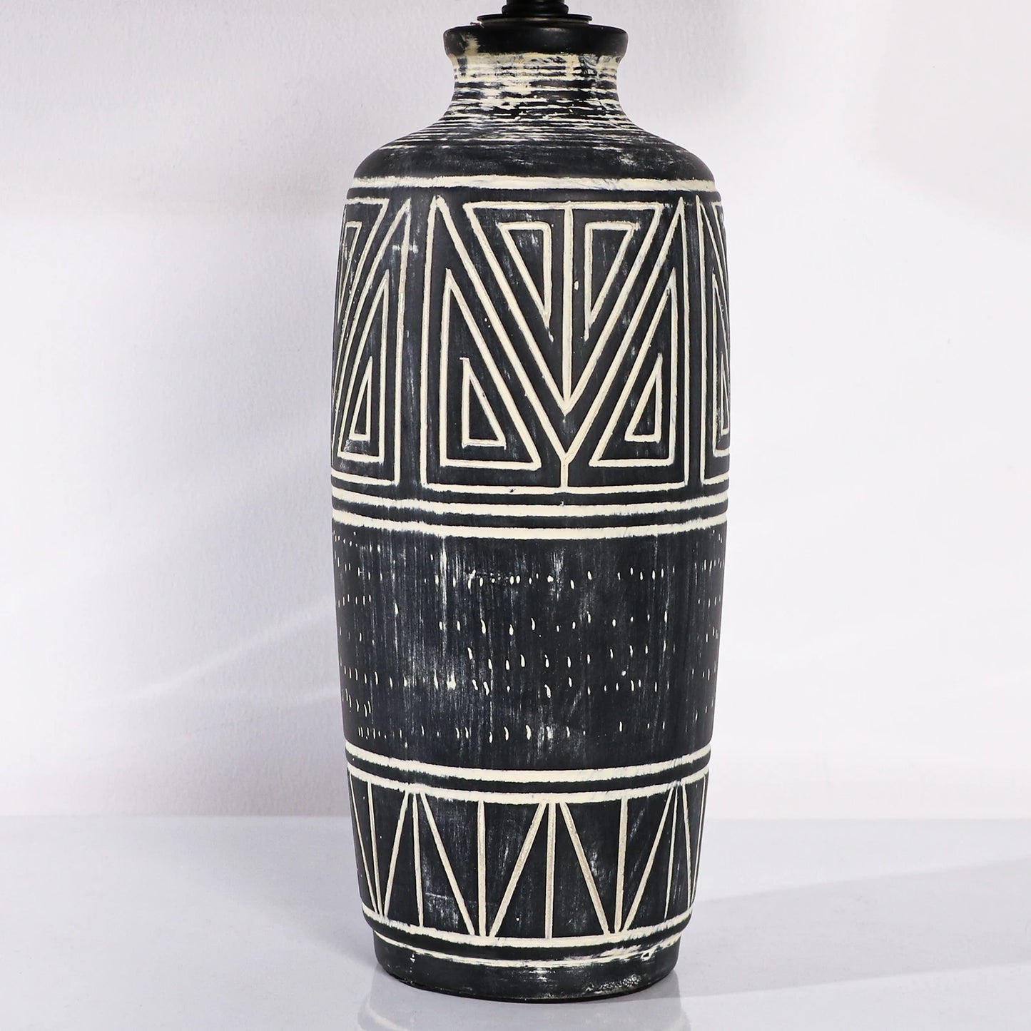 STANBOW Carved Geometric Ceramic Table Lamp With Linen Shade Southwest Rustic Accent For Living Room End Tables