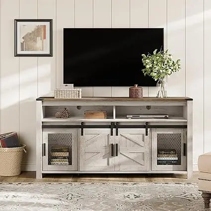DAFIFY Farmhouse TV Stand With Sliding Barn Doors And Mesh
