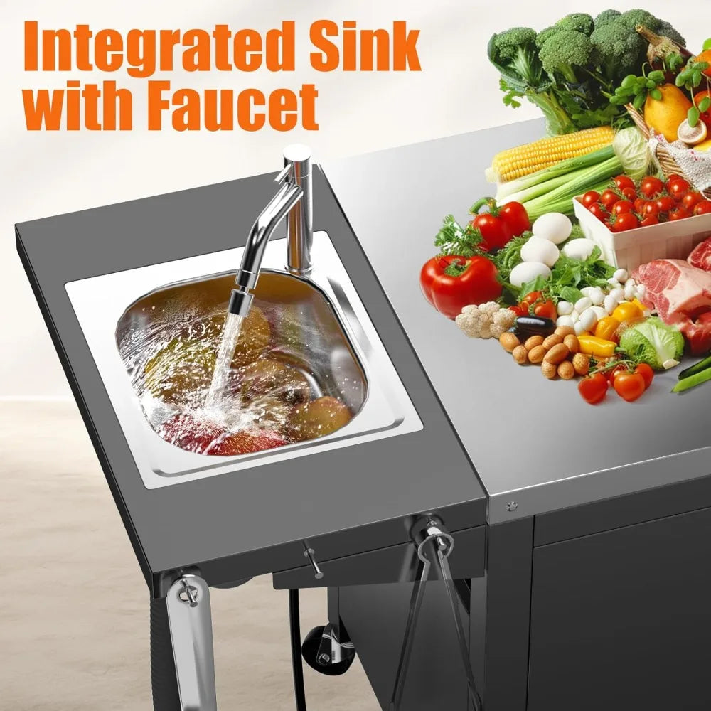 DAFIFY Outdoor Grill Table With Sink Bar Cart IslandSystem StainResistantCoatedDurable