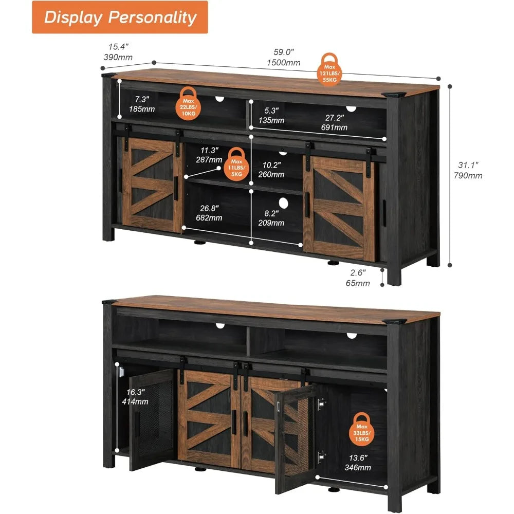 DAFIFY Farmhouse TV Stand With Sliding Barn Doors And Mesh