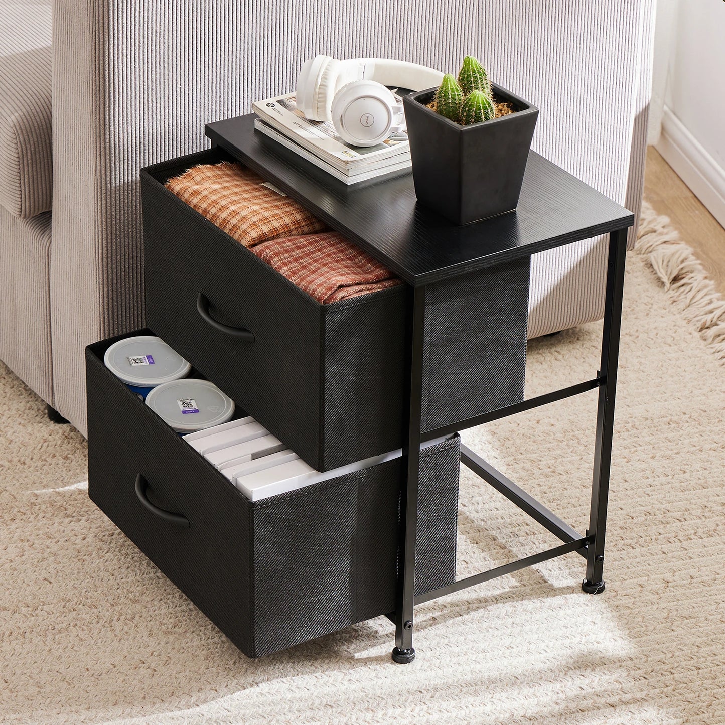 Angies Home Store JHK UltraFunctionalNightstand With Fabric Drawers And StorageSolutions