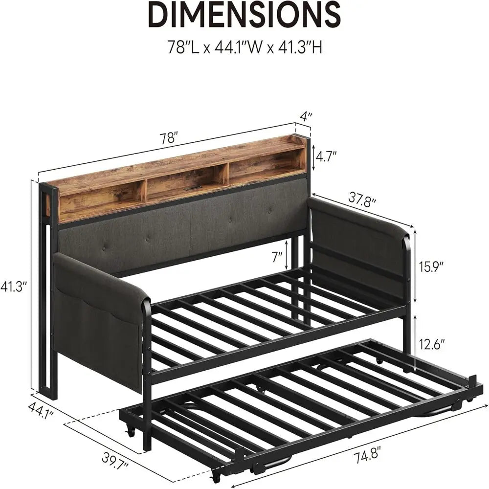 LIKIMIO Daybed With Trundle MetalFrame UpholsteredHeadboard And IntegratedChargingStation