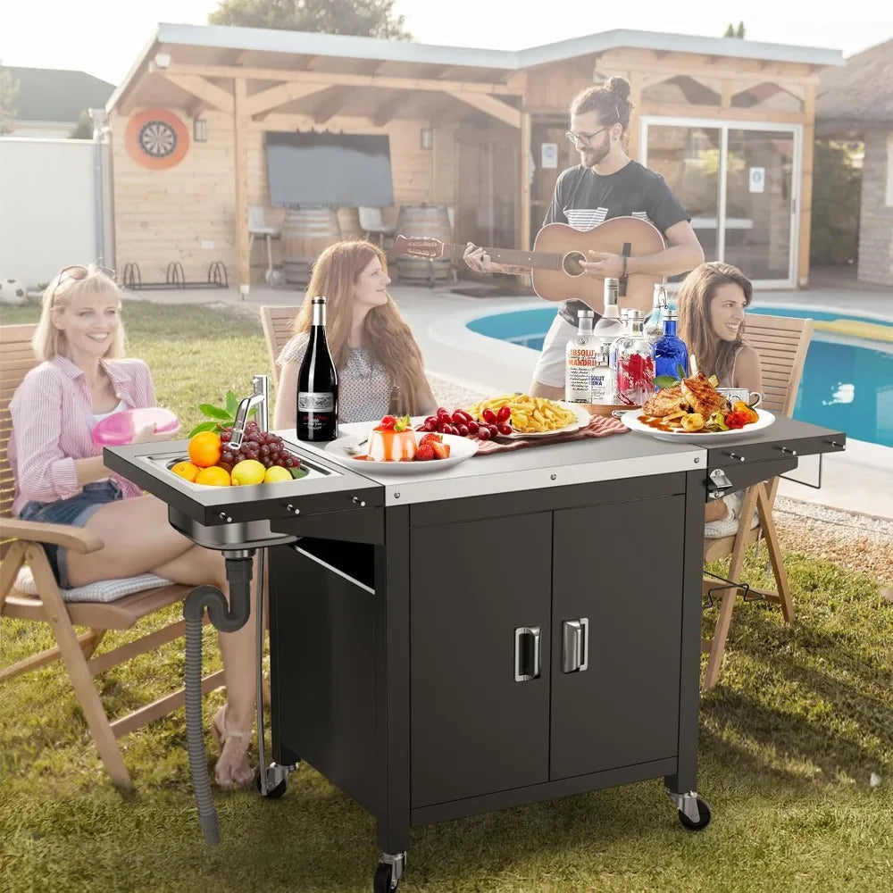 DAFIFY Outdoor Grill Table With Sink Bar Cart IslandSystem StainResistantCoatedDurable