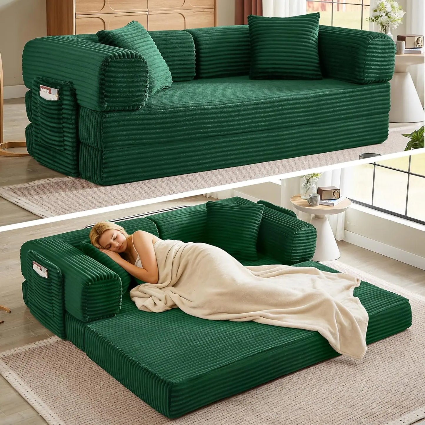 Folding Futon Sofa Bed Couch With Sleeper Corduroy Upholstered