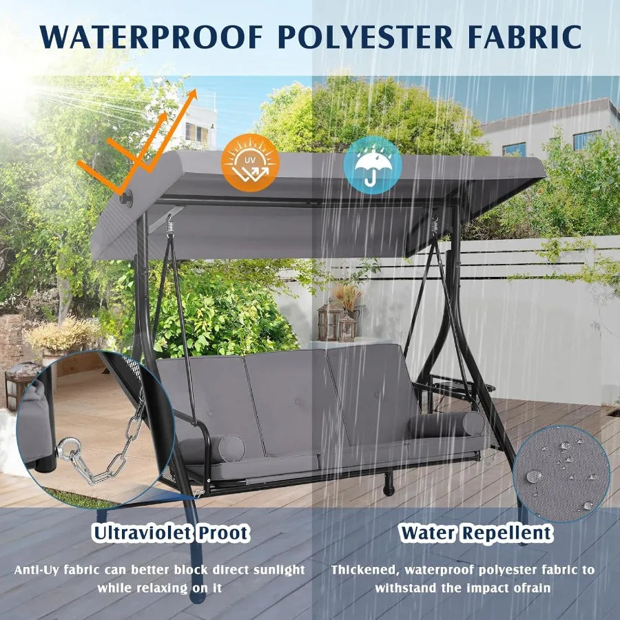 Three Person Outdoor Porch Swing With Canopy And Cup Holder