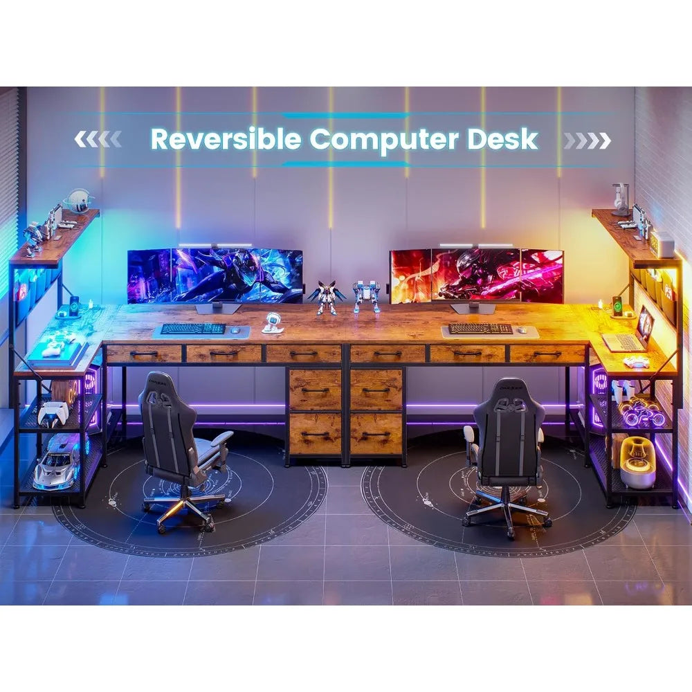 L Shaped Desk With FiveFabricDrawers And Hutch FreestandingPowderCoatedMetalFrame Storage