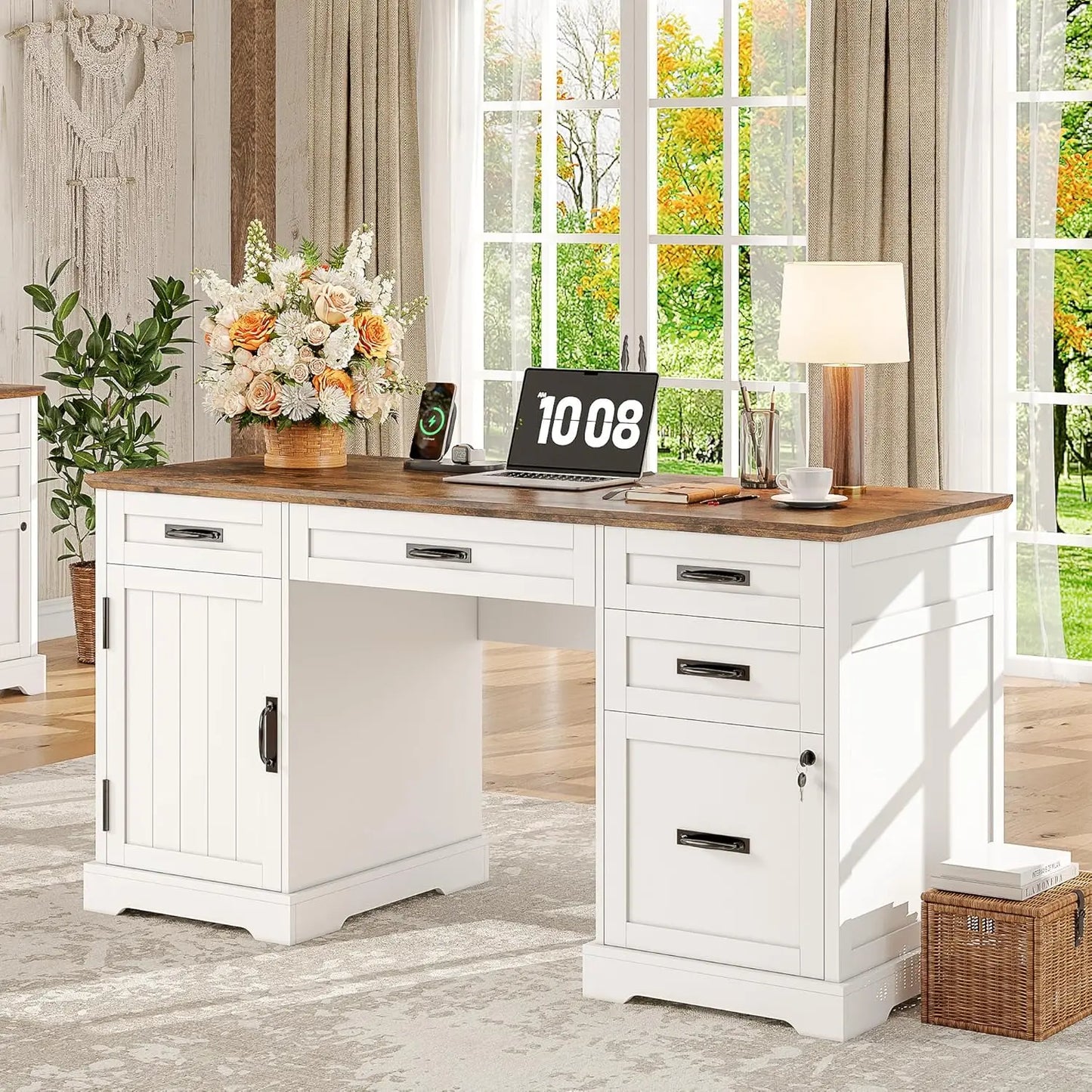 XIAOLANG Farmhouse Executive Desk With File Cabinet And USB Charging