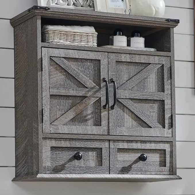 ZHUOTING Farmhouse Bathroom Wall Cabinet With Drawer Double Barn Doors