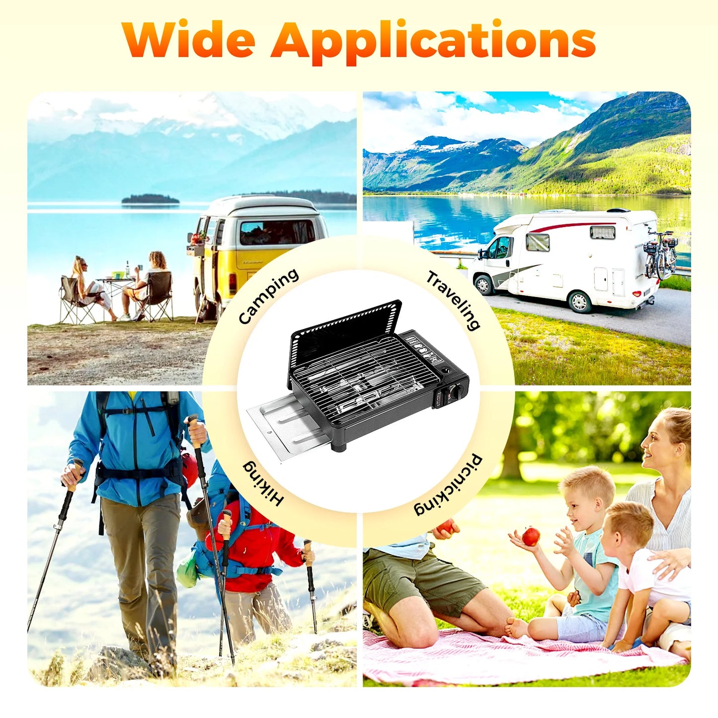 Bymaocar Portable Gas Grill Stove With Dual Inlets Adjustable Firepower