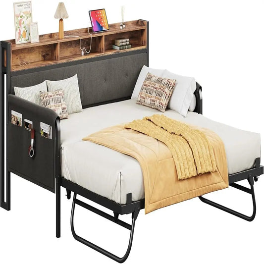 LIKIMIO Daybed With Trundle MetalFrame UpholsteredHeadboard And IntegratedChargingStation