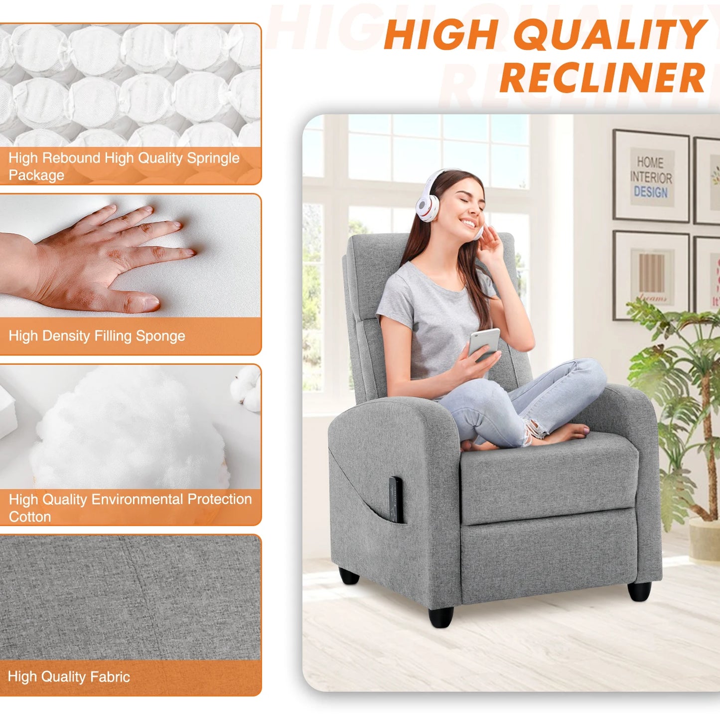 JHK Recliner Chair Massage Sofa With Lumbar Support Backrest