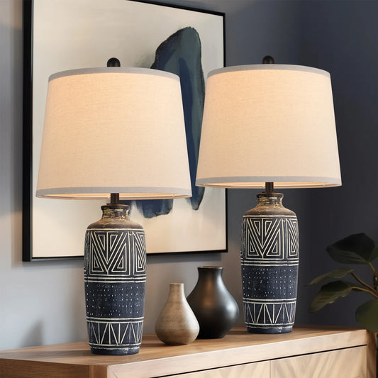 STANBOW Carved Geometric Ceramic Table Lamp With Linen Shade Southwest Rustic Accent For Living Room End Tables