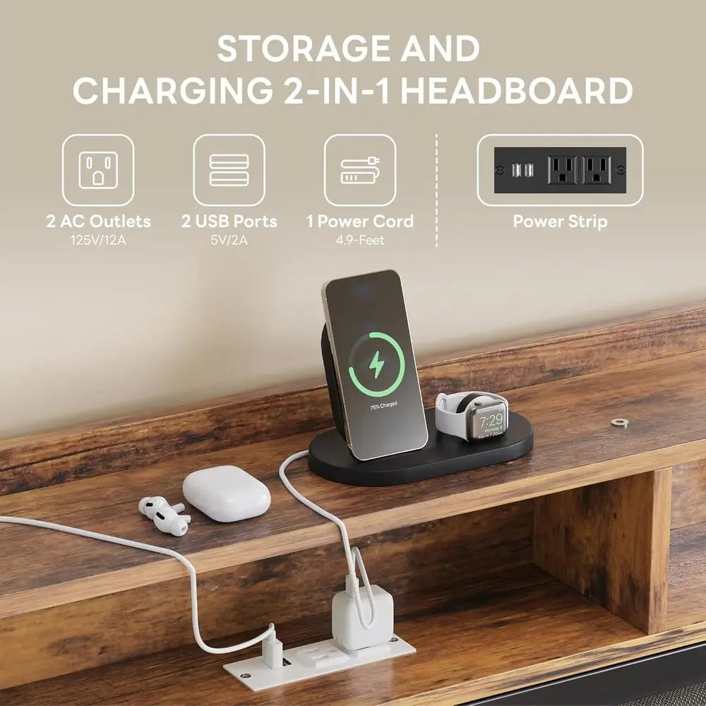 LIKIMIO Daybed With Trundle MetalFrame UpholsteredHeadboard And IntegratedChargingStation