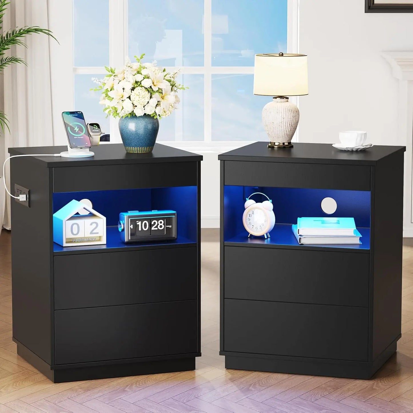 Two Nightstand Set With Hidden Compartments LED USB Type C