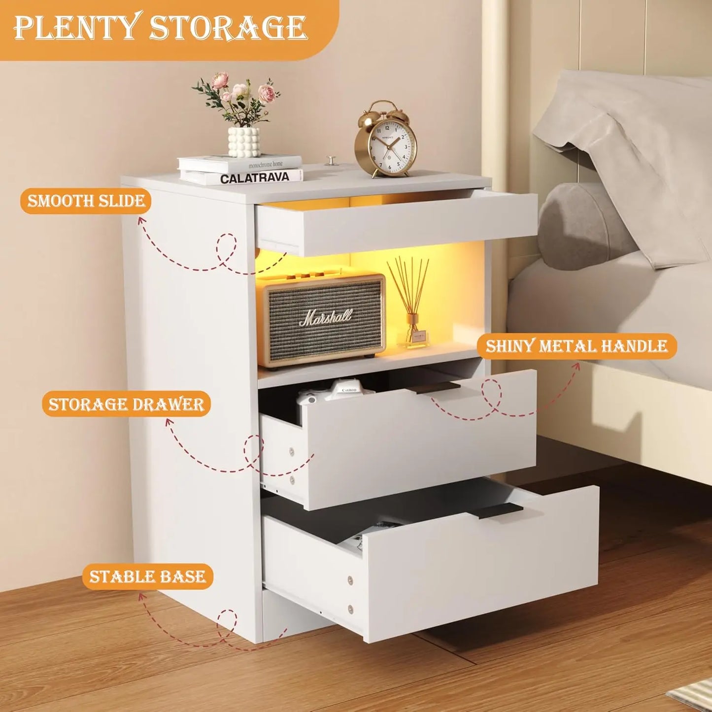 Night Stand Gun Drawer And Invisible Lock LED Charging Nightstand