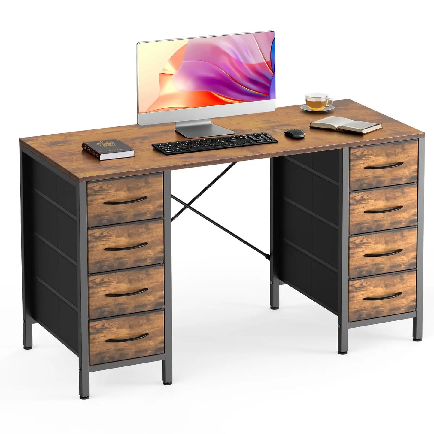 JHK Computer Desk With Fabric Drawers And X Shaped Support