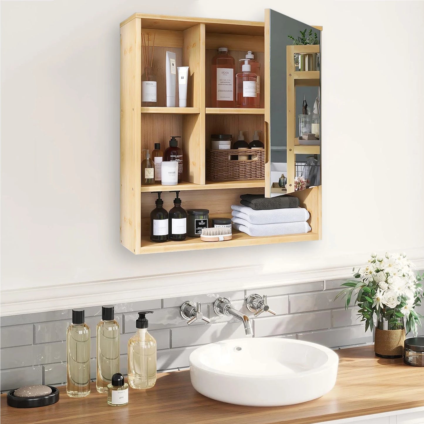 Wisfor Premium Environmentally BambooCrafted Wall Mounted Medicine Cabinet With Mirror