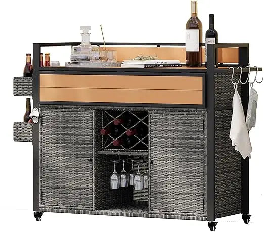 DAFIFY Wicker Outdoor Grill Cart With Extended Plastic Wood Tabletop And Rolling Kitchen Island