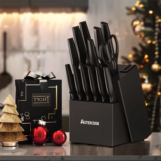 Astercook 15-Piece Kitchen Knife Set With Built-In Sharpener Block