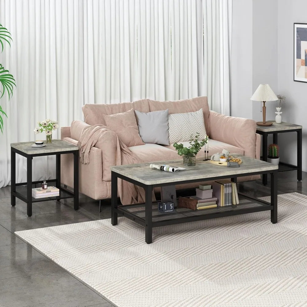 Industrial Coffee Table Set Of 3 With Metal Frame And End Side Tables