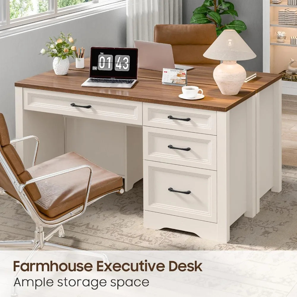 Farmhouse Executive Desk With Storage And File Drawers