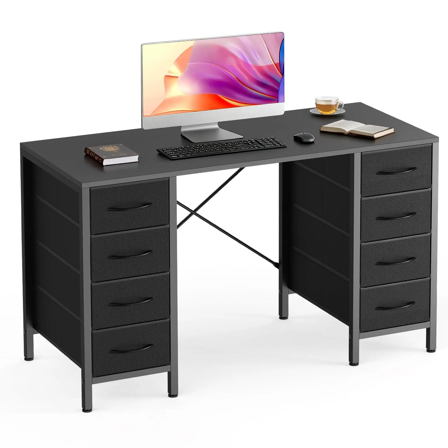 JHK Computer Desk With Fabric Drawers And X Shaped Support