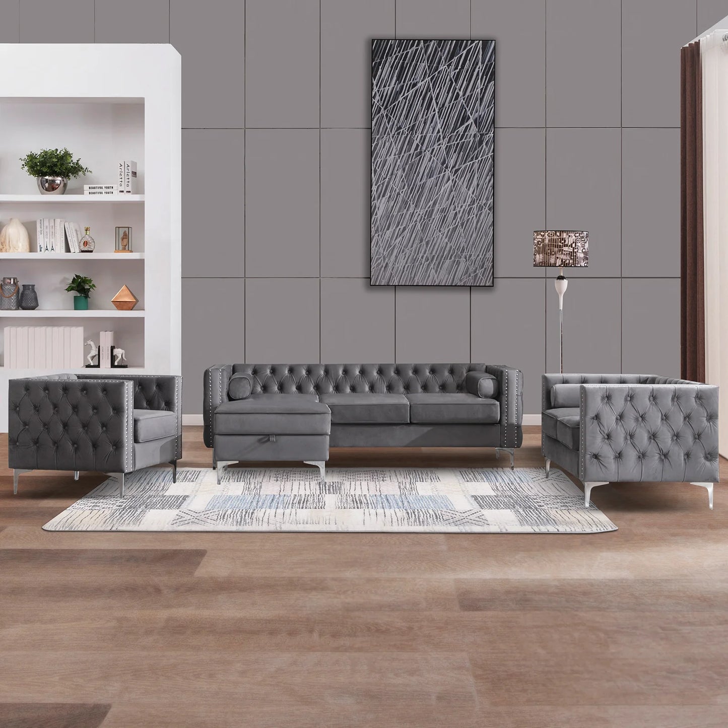 HORGAEO Convertible Sectional Sofa Set With Storage Ottoman