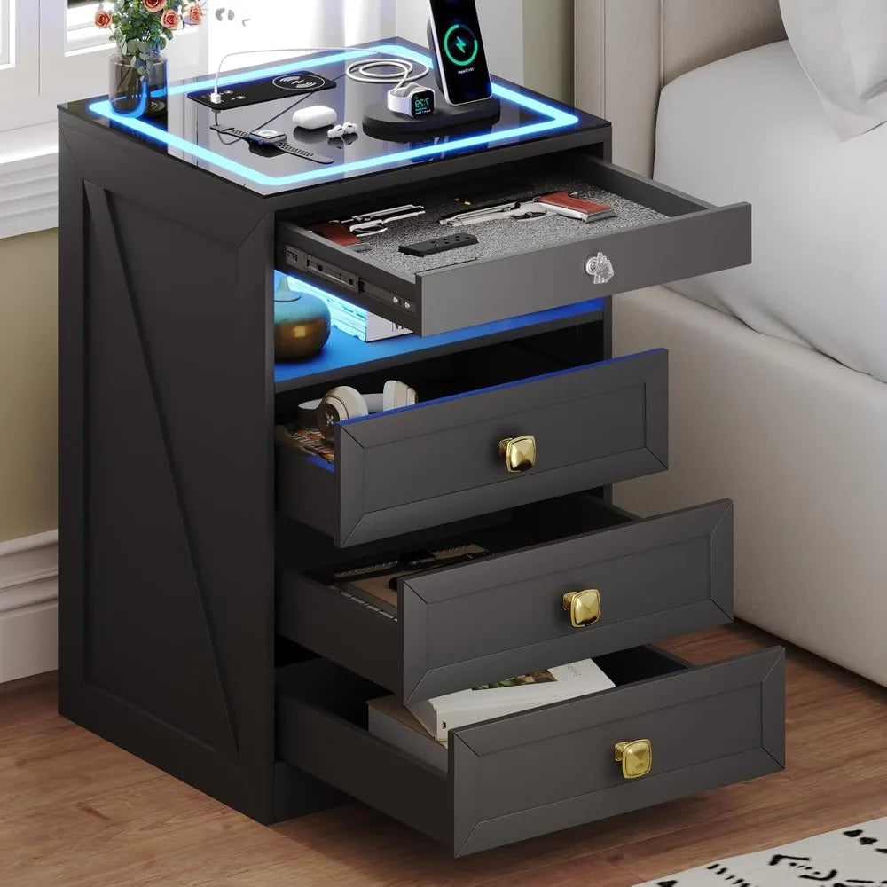Smart Nightstand With Lockable Safe Drawer And Charging Station