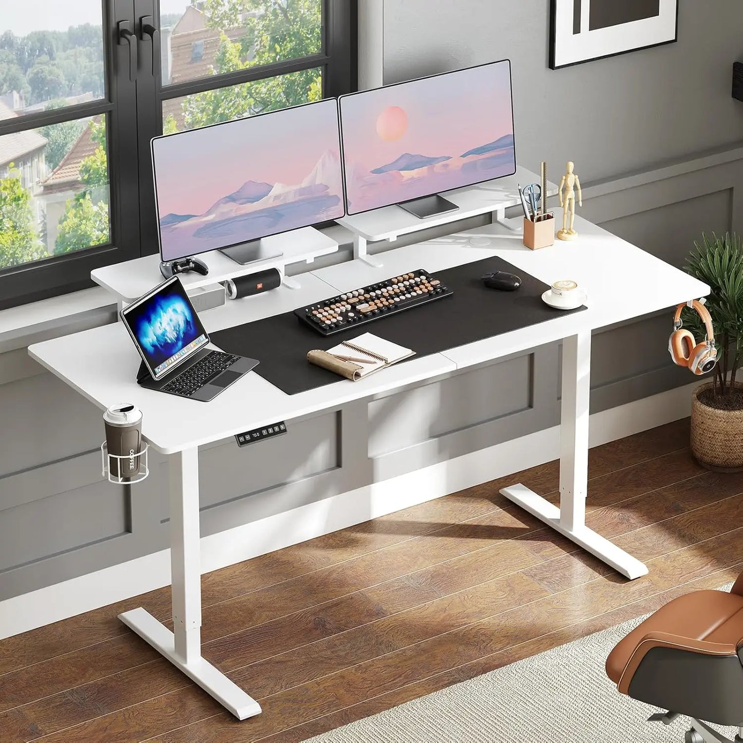 ONBRILL Electric Standing Desk With Two Monitor Shelves Memory Controller