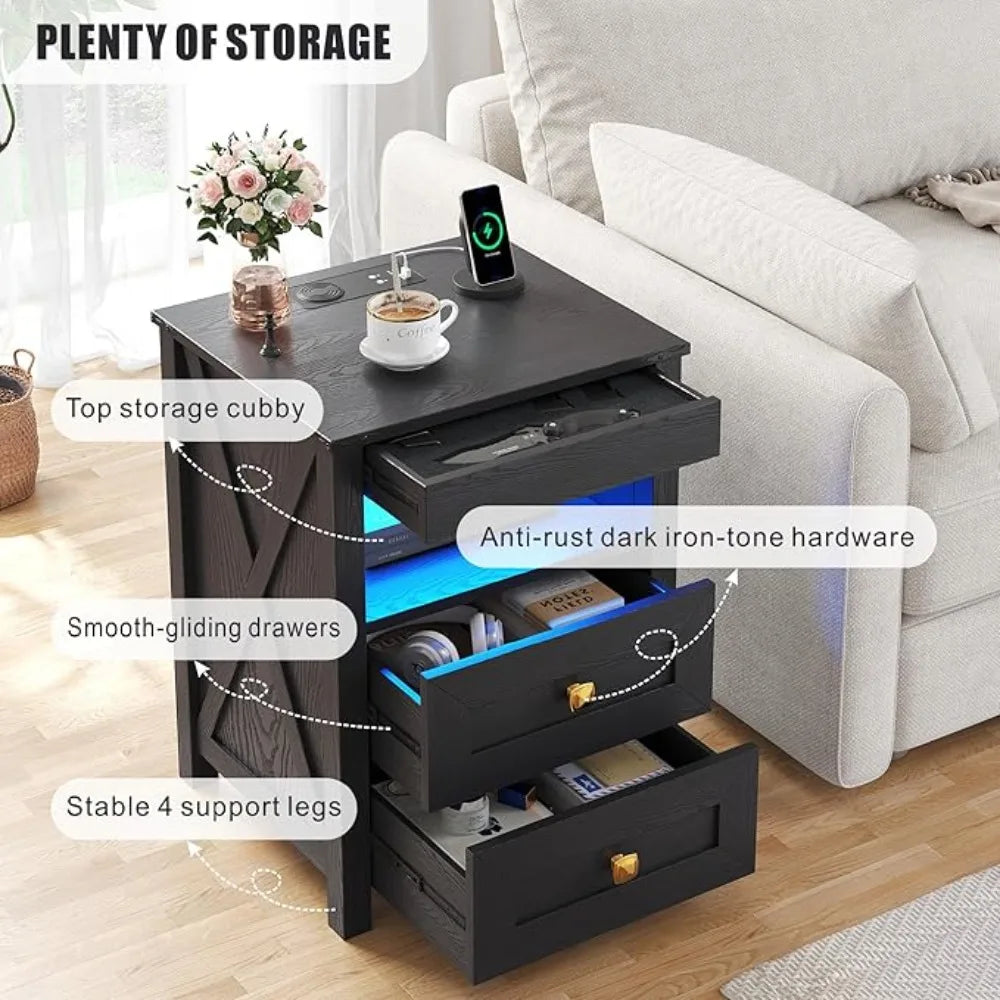 Farmhouse Nightstands Two Piece Set With Gun Drawer And LED Light