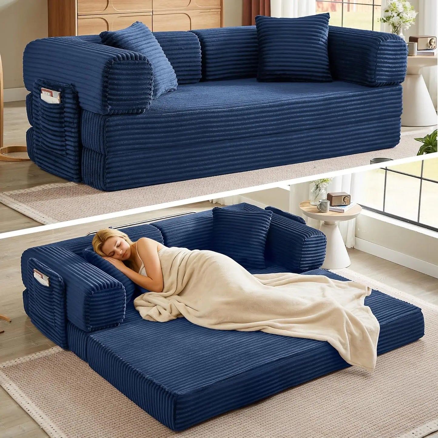 Folding Futon Sofa Bed Couch With Sleeper Corduroy Upholstered