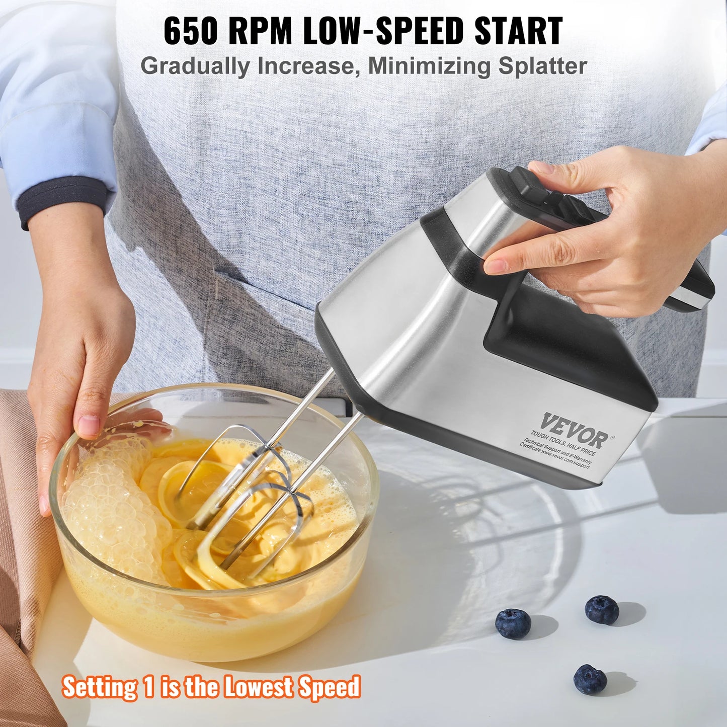 VEVOR Cordless Electric Hand Mixer Five Gear Speed 1100 RPM