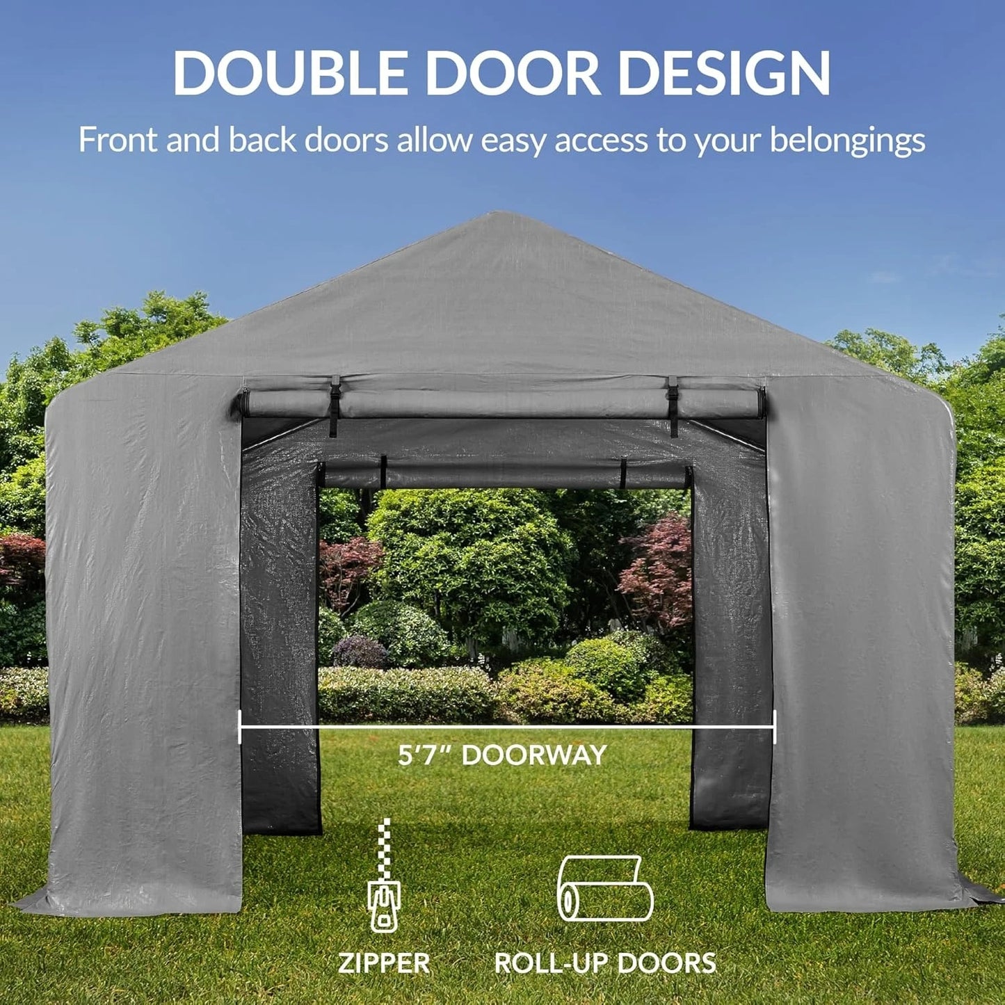 Outdoor Storage Shed Carport Canopy Shelter With Dual Doors Windows