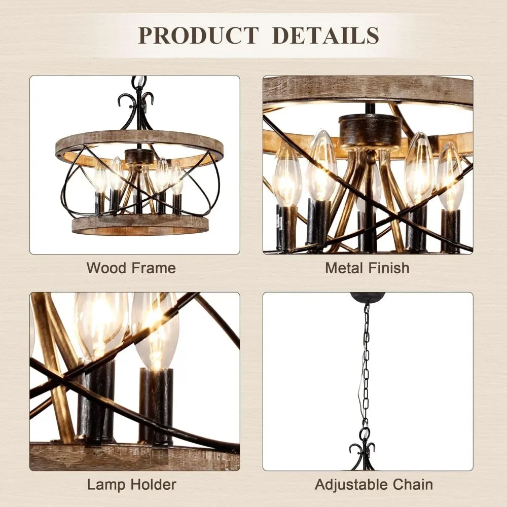 Customizable 5 Light Farmhouse Wood Chandelier Fixture