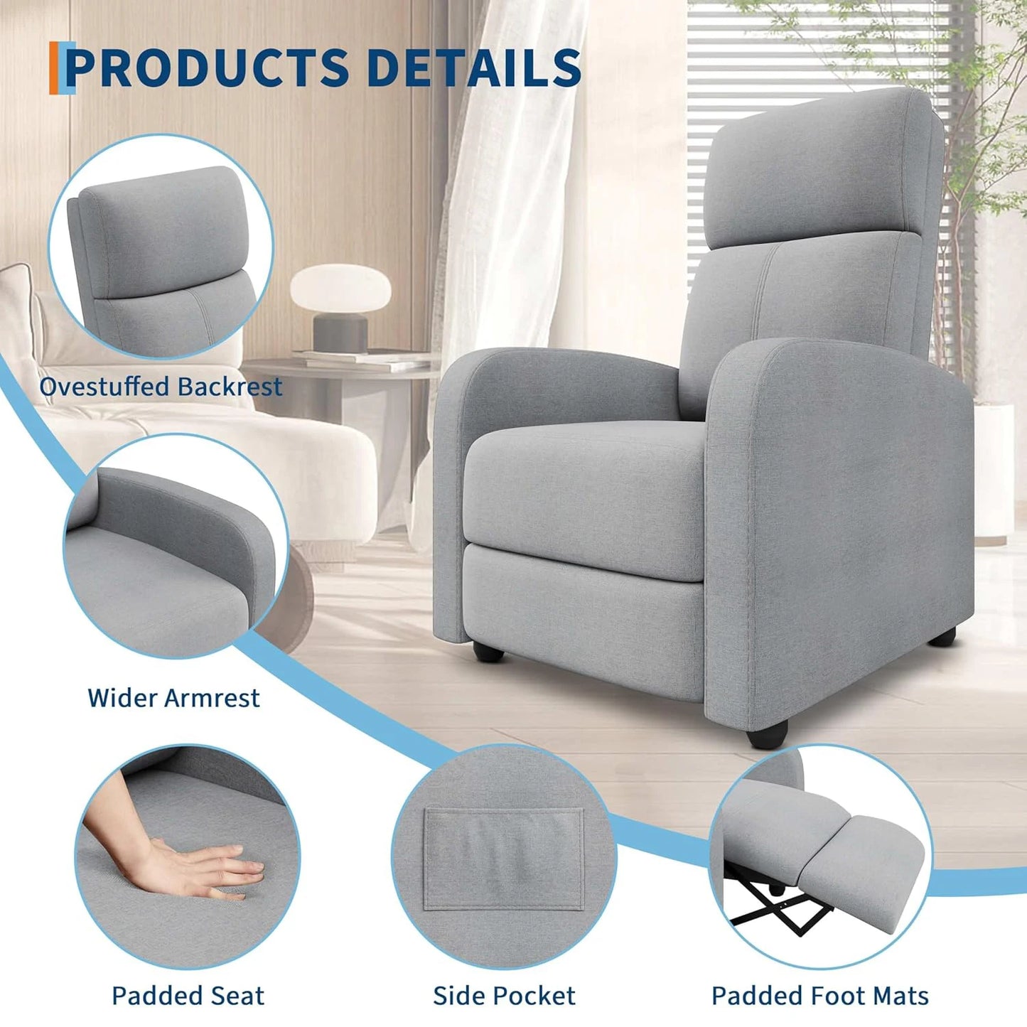 HiMISSCN Push Back Recliner Chair for Adults With Side Pocket