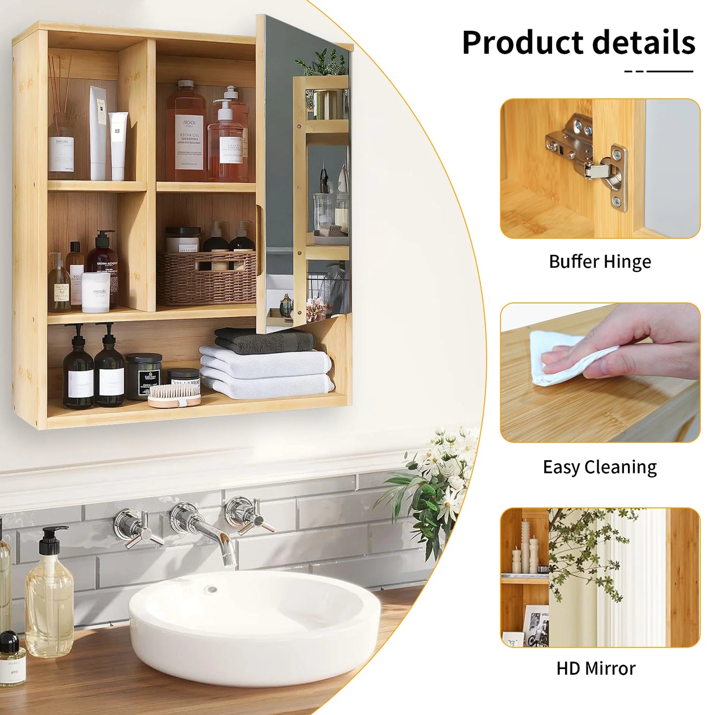 Wisfor Premium Environmentally BambooCrafted Wall Mounted Medicine Cabinet With Mirror