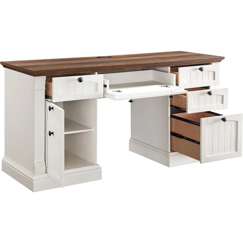 Executive Farmhouse Desk With Charging Station And Keyboard Tray