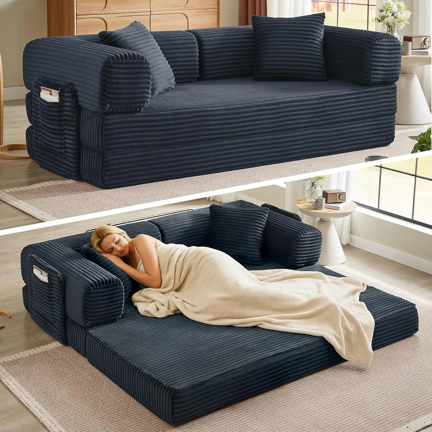 Folding Futon Sofa Bed Couch With Sleeper Corduroy Upholstered